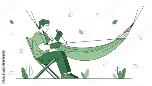Man Crafting Hammock In Outdoor Setting Demonstrating Leisure Activity With Nature