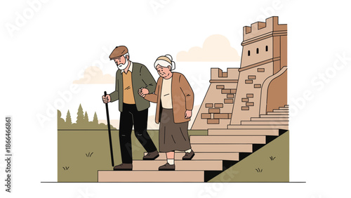 Loving Senior Couple Walks Together Along The Great Wall Of China