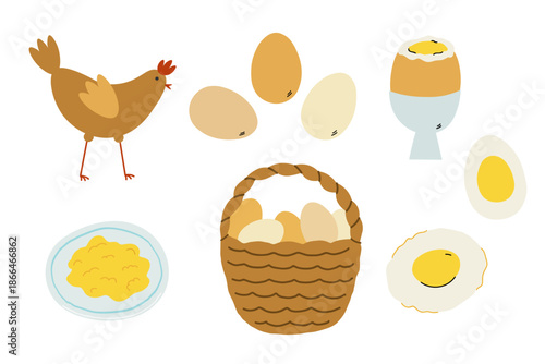Hand drawn vector illustration of chicken, basket, various egg dishes. Farm poultry, eco product, Easter market. Healthy food, farming. For design, banner, wrapping, menu, label, card
