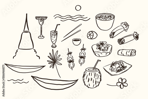 Thailand food. Hand drawn vector illustration of Thai cuisine and tropical drinks. Doodle with exotic landscape and kitchen. Sketch with Asian fried seafood, rice, Tom Yum Kung soup, salad, nature