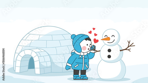 Loving Winter: Child Builds a Snowman and Shares a Moment of Affection