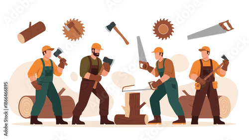 Lumberjack And Woodcutters Illustration Engaged In Timber Work Forest Logging