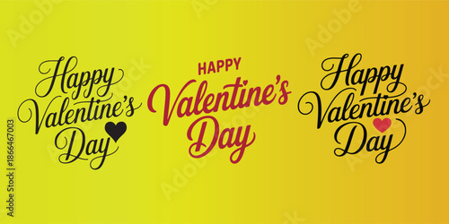 Happy Valentine’s Day hand lettering typography set with heart icons on yellow