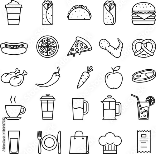 Fast food and restaurant line icons set featuring pizza burgers tacos hot dogs coffee tea and dining service symbols.