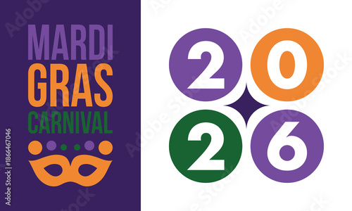 Mardi Gras Carnival in New Orleans. Fat Tuesday. Traditional holiday, celebration annual. Folk festival, costume masquerade, fun party. Carnival mask. Poster, card, banner and background. Vector