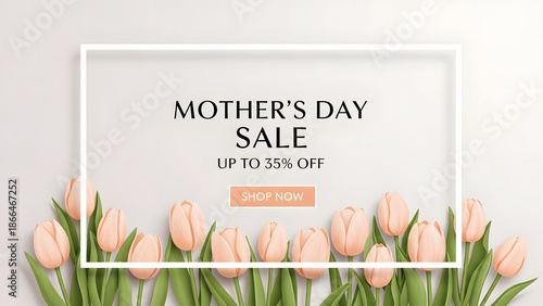 Mother's Day Sale Announcement with Peach Tulips and White Frame mothers day discount