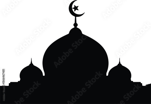 Silhouette of Islamic mosque with domes and crescent moon Vector Illustration
