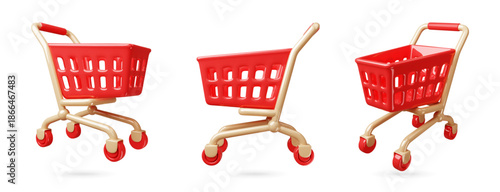 Cartoon 3d shopping carts. Red plastic supermarket handcart in different positions, products and goods transportation, empty bucket for grocery, classy vector isolated render glossy set