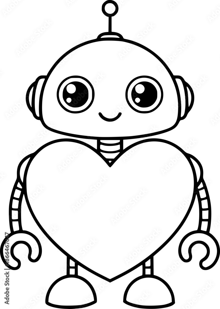 Obraz premium Cute Kawaii Cartoon Robots Bundle with Hearts and Flowers Valentine Illustration Pack for Coloring Pages, Valentine Cards and Creative Projects