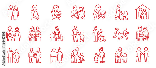 Red Line Icons of People and Family Relationships