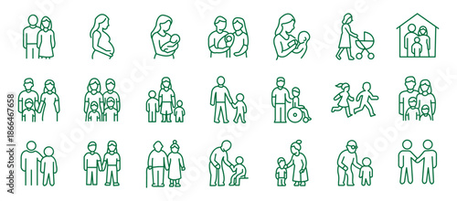Family and parenting line icon set. Vector pictograms of couples, single parents, children, elderly, baby, newborn, teenager thin linear illustration.