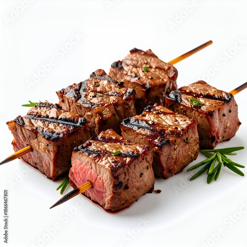 Grilled steak skewers on a white background showcase culinary perfection with appetizing presentation
