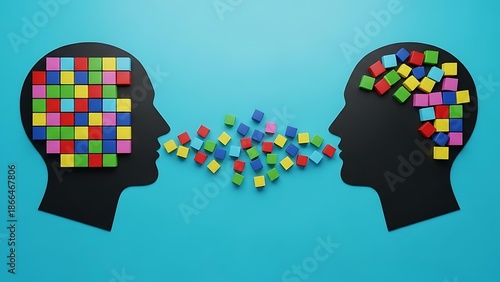 Wallpaper Mural Abstract representation of two heads exchanging colorful blocks symbolizing communication and thought processes Torontodigital.ca