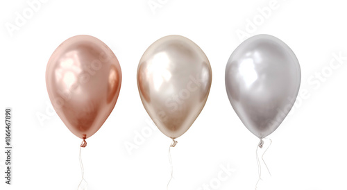 Three metallic balloons, rose gold, pearl, and silver, floating against black