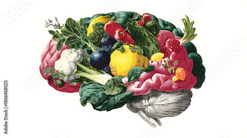 Brain artfully filled with healthy vegetables, representing food impact on the mind