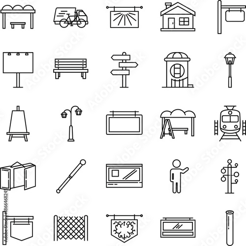 City infrastructure line icons set featuring street signs park benches billboards public transport stops and outdoor advertising displays.