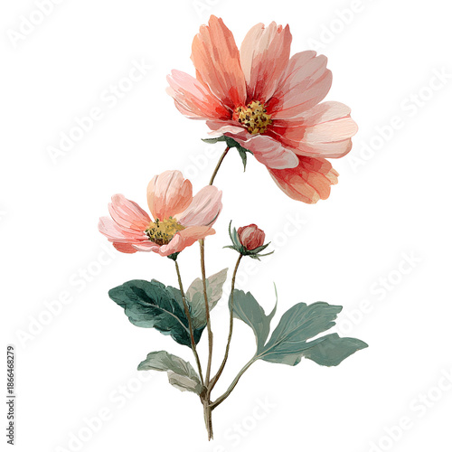 Watercolor painting of peach-colored flowers with green leaves and a black background