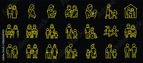 Family and parenting line icon set. Vector pictograms of couples, single parents, children, elderly, baby, newborn, teenager thin linear illustration.