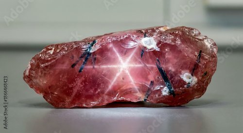 Rose quartz specimen exhibiting optical asterism with a distinct light star effect on a pink surface.