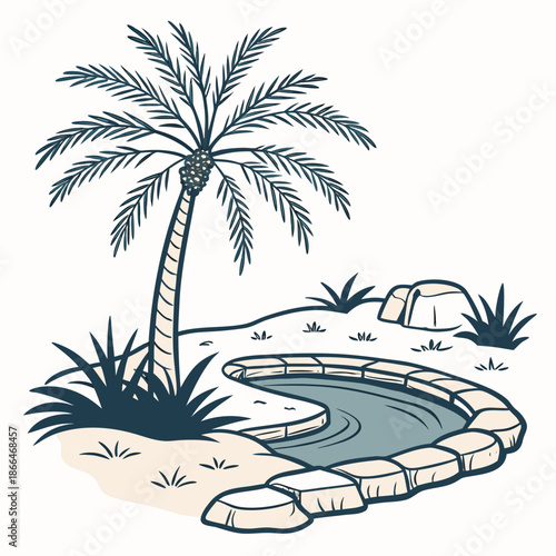 Tropical oasis with palm tree and pond