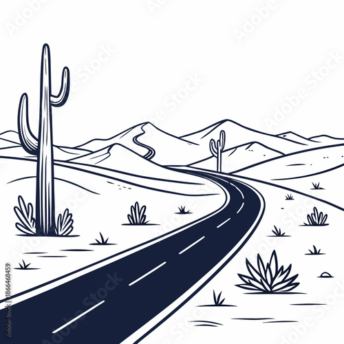 Winding road through desert landscape