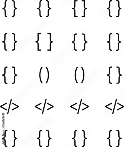 Set of coding and programming line icons featuring various curly brackets square brackets parentheses and web development tags.