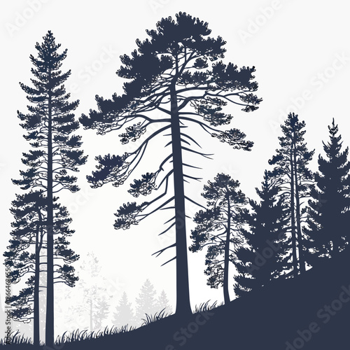 Silhouette of tall pine trees