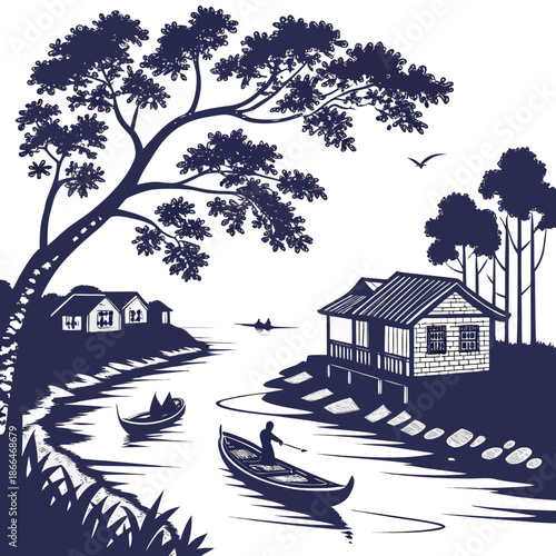 Serene lakeside village