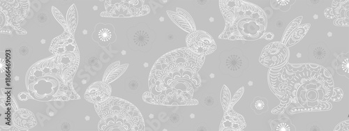 Seamless Easter Rabbit Paper Cut with Silver Flower on Grey background,Easter Bunny with Floral Background for Paper Design Wrapping Paper,Vector illustration art Hare Rabbit for wallpaper