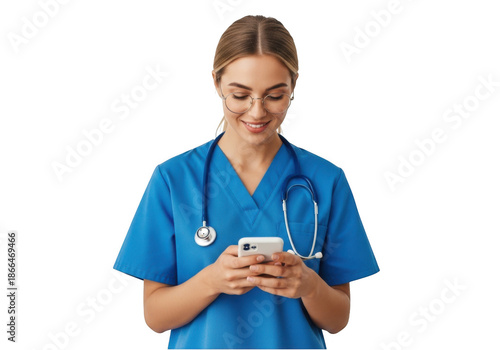 Nurse using smartphone isolated on transparent background