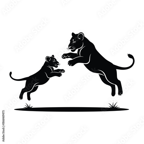 Lioness and cub jumping together in playful interaction