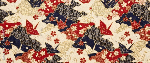 Traditional Japanese pattern with origami cranes and cherry blossoms