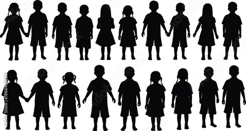 Large collection of children silhouettes featuring boys and girls in various poses including walking, playing soccer, dancing, and standing still.