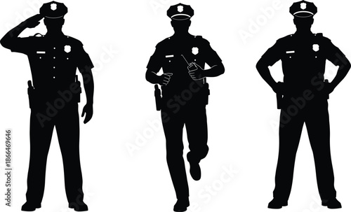 Set of police officer silhouettes featuring law enforcement professionals in saluting, running, and standing poses for security and justice concepts.