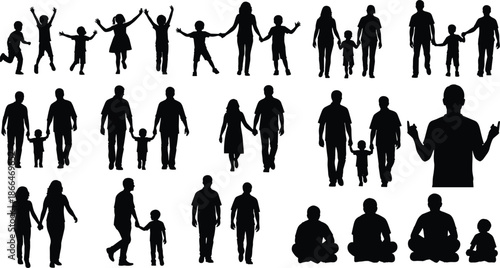 Large collection of family silhouettes featuring parents and children walking together, playing, holding hands, and sitting in various lifestyle poses.