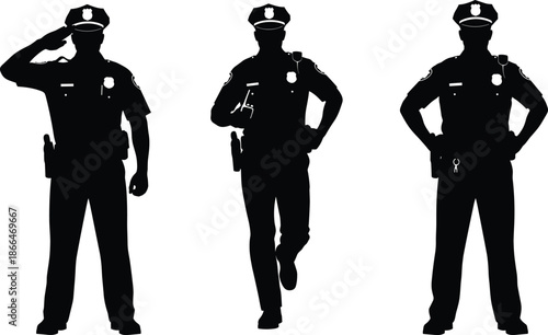 Set of police officer silhouettes featuring law enforcement professionals in saluting, walking, and standing poses for security and justice concepts.