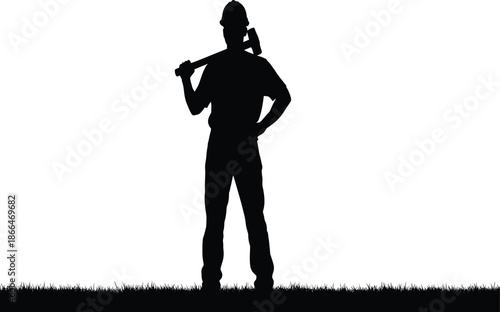 Set of professional silhouettes featuring law enforcement police officers in uniform and construction workers with sledgehammers for security and labor.