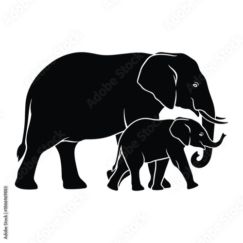 Mother and baby elephant silhouette walking together
