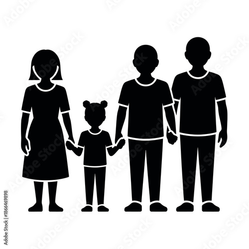 Family unit silhouettes depicting two parents holding hands with a small child.