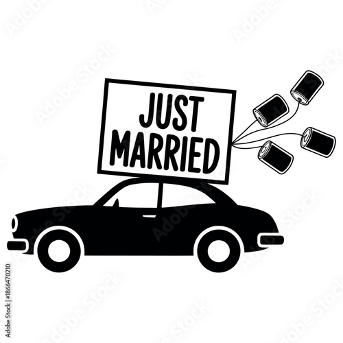Silhouette of a car decorated with a 'Just Married' sign and trailing cans travels away.