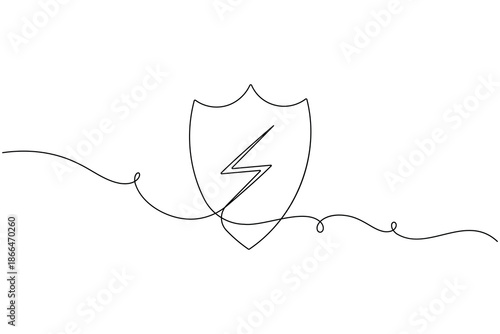 Shield with electricity lighting bolt icon and sign continuous one line drawing single art on white background minimalist security concept outline vector illustration