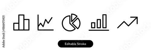 Business chart and analytics icon set. Minima line, outline chart icons including bar, line, pie and growth graphs for data visualization, growth, pie charts, and statistics. Editable stroke