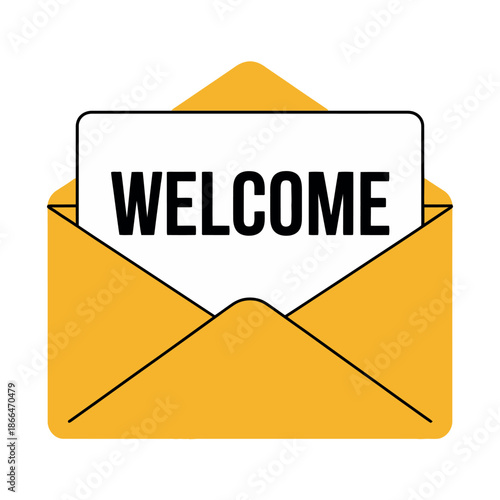 Open yellow envelope reveals a white card displaying the bold word WELCOME inside.