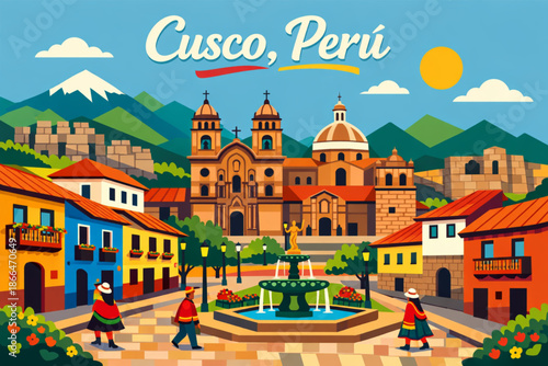 Stylized vector illustration of Cusco city with colorful temples and streets