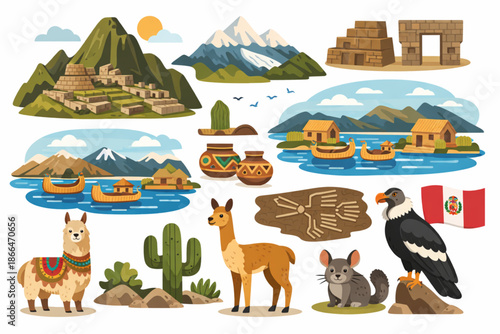 Tourist elements of Peru in flat style with mountains ruins lakes and Andean animals