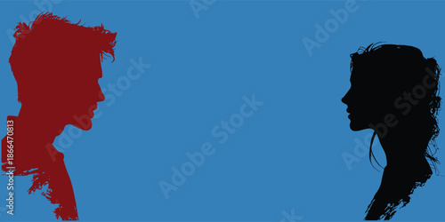 Red and black human profile silhouettes face each other on a blue background. Strong contrast creates a dramatic visual dialogue. Conceptual illustration ideal for psychology, communication, 