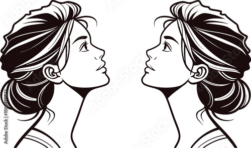 Elegant female profile line art faces upward in mirrored poses. Minimal black and white illustration highlights beauty and expression. Timeless portrait drawing ideal for fashion, editorial, and brand