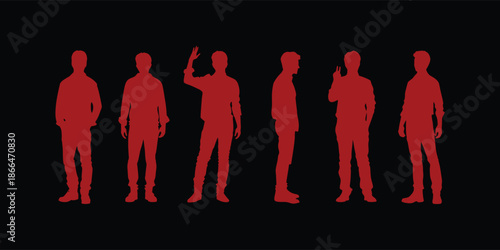 Red male silhouettes stand in varied poses against a dark background. Minimal human figures form a bold conceptual lineup. Modern graphic illustration ideal for design, branding, and presentations.