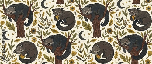 Seamless Repeating Pattern of Binturongs in a Forest