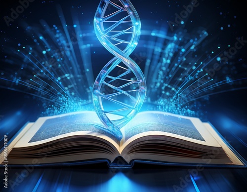 a deep blue digital background contrasts with an open book emitting a radiant dna helix hologram representing biotech